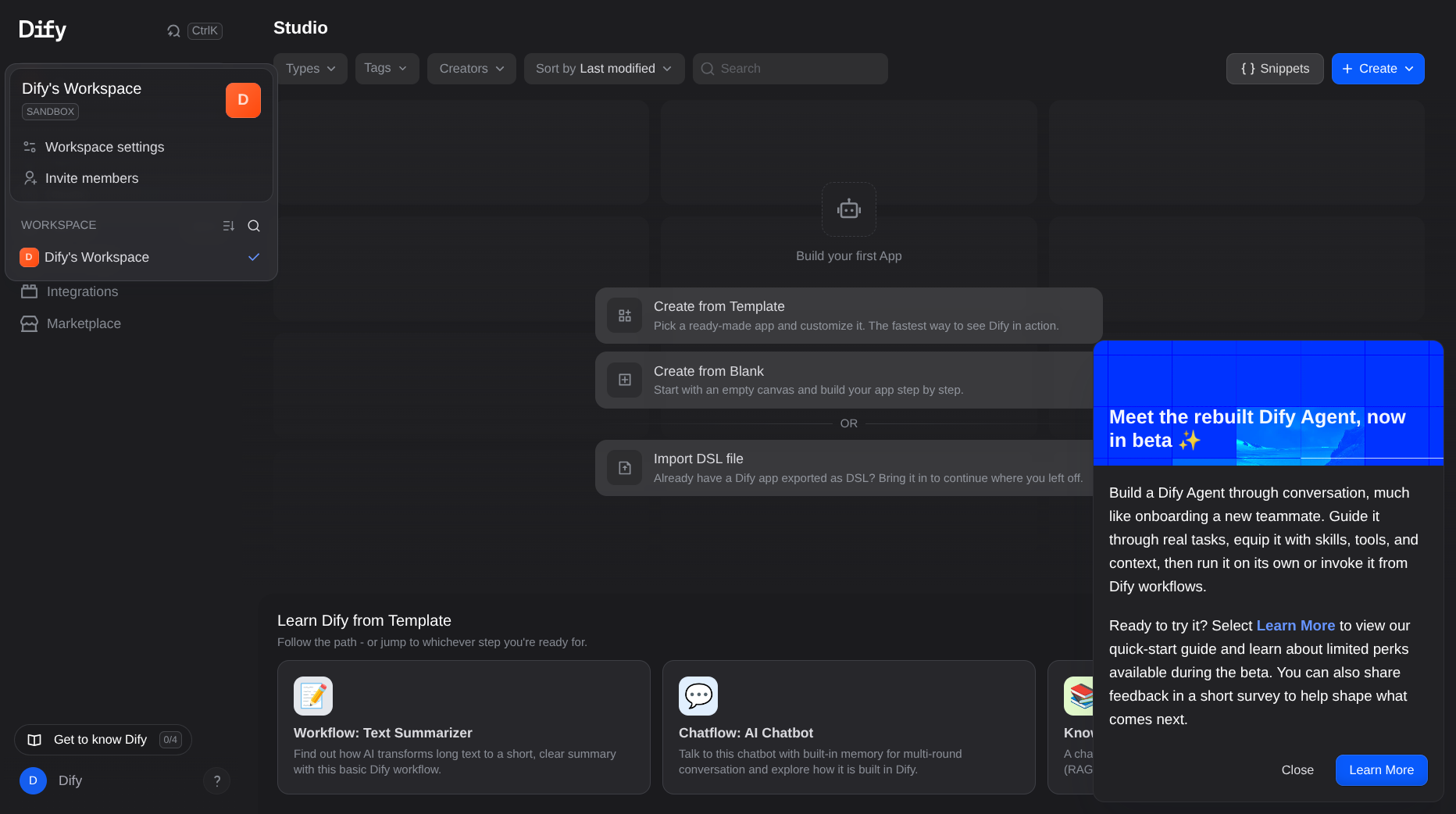 Menu do workspace com a opção Workspace settings